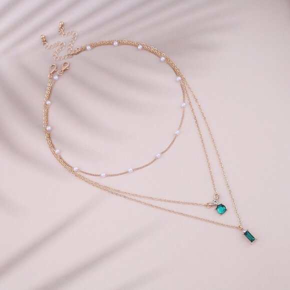 Boho Layered Emerald Pearl Choker Necklace Gold Emerald Pendant Necklace Tiny Pe - Picture 3 of 7